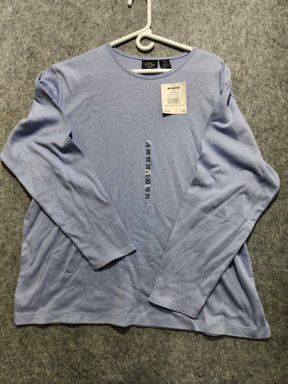 NWT Sonoma Woman 2X Satin Blue Long Sleeve Knit Top 100% Cotton Plus Size